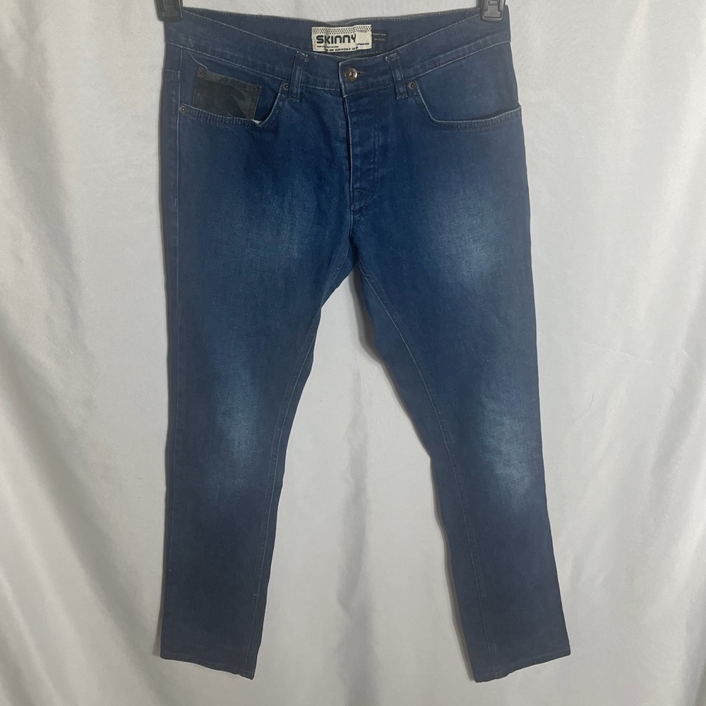 Topman Moto Skinny Jeans Mens 32R Blue Stretch Denim Button Fly Casual